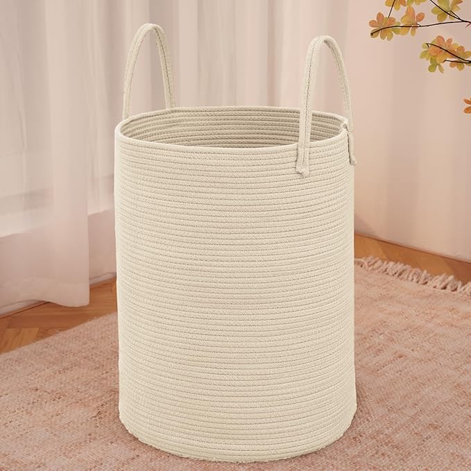 Large Woven Laundry Basket Hamper,80L Cotton Rope Storage Bin for Blankets,Toys and Clothes,Decorative Tall Nursery Hamper for Living Room,Baby Nursery,Bathroom and Bedroom,Beige-Ruum Studio Home