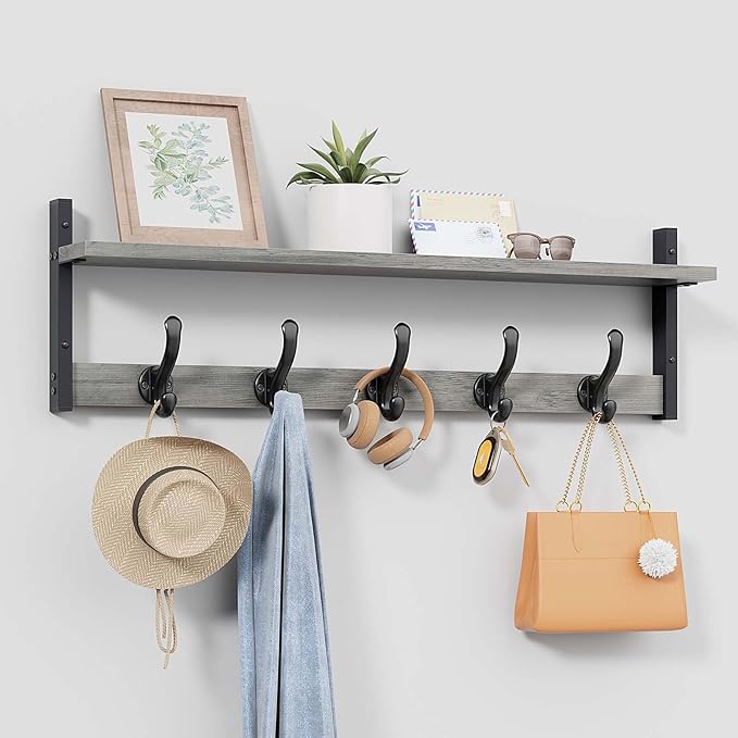 Tatub 29" Rustic Coat Rack Wall Mount with Shelf, Entryway Wall Hooks with Shelf and 5 Metal Hooks, Coat Hangers for Bathroom, Living Room, Bedroom, Kitchen, Grey-Ruum Studio Home