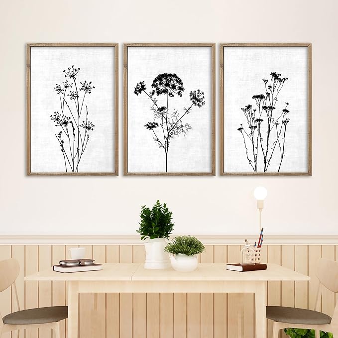 Flower Plant Wall Art Decor 16"x11" Set of 3 Black And White Botanical Painting Wood Framed For Minimalist Bedroom Office Rustic Living Room Abstract Wildflower Sign Hanging (Wood White)-Ruum Studio Home