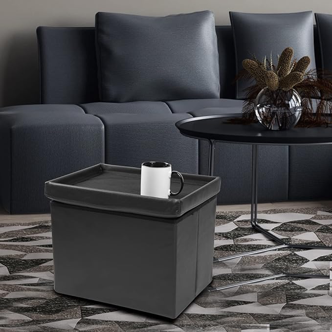 ALASDO Storage Ottoman Footrest Stool Small Ottoman with Storage Foldable Ottoman Leather Foot Rest Footstool Bench for Living Room 17x13x13inches Black-Ruum Studio Home