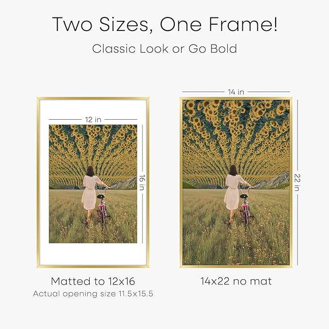 Homeforia 14x22 Picture Frame Gold, High End Metal 14x22 Poster Frames with Mat 12x16 Photo, 14 x 22 Gold Frames Matted to 12 by 16 Print, 22x14 Thin Hanging Frames, Tempered Glass, Wall Kit, Set of 1-Ruum Studio Home