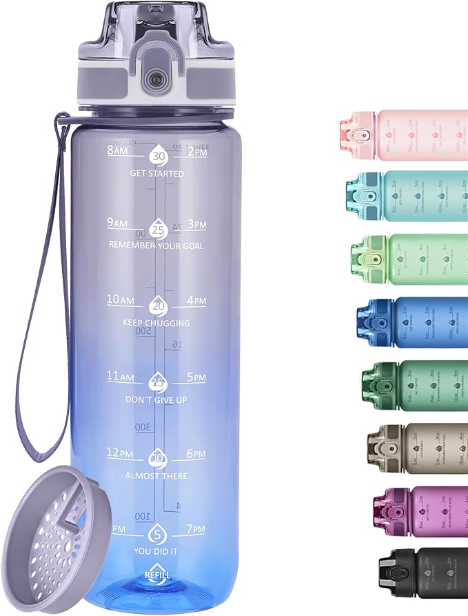 32oz Motivational Water Bottles with Time Marker & Fruit Strainer, Transparent Gradient Color Water Bottle with Times to Drink, Leakproof & BPA Free, Reusable Bottle with Strap (No Straw)-Ruum Studio Home