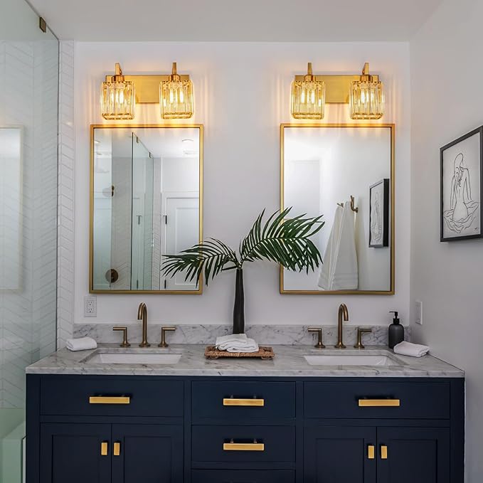 Modern Bathroom Vanity Light 2-Lights Gold Crystal Wall Lamp Bathroom Modern Crystal Vanity Lighting-Ruum Studio Home