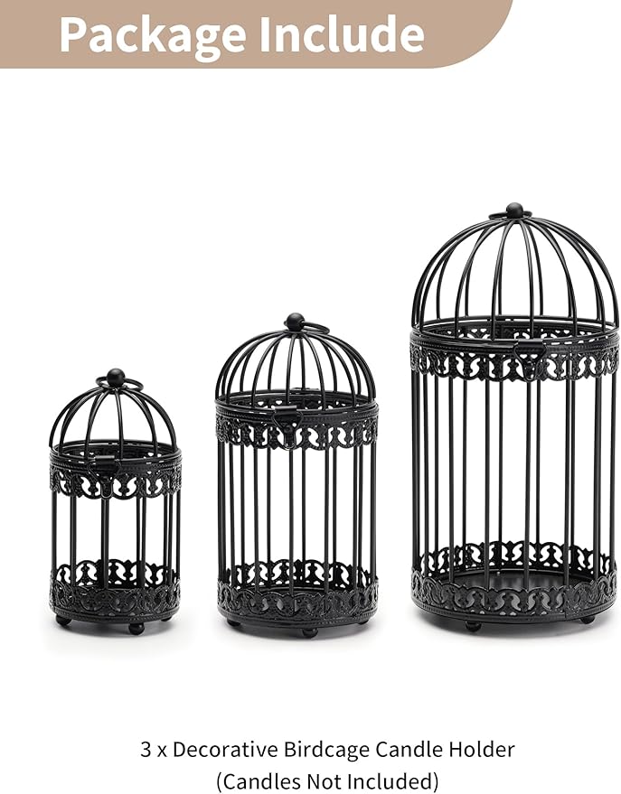 NUPTIO Decorative Bird Cages for Centerpiece: Black Vintage Bird Cage Hanging Lantern Set of 3 - Metal Birdcage Pillar Candle Holders for Halloween Party Table Fireplace Decor-Ruum Studio Home
