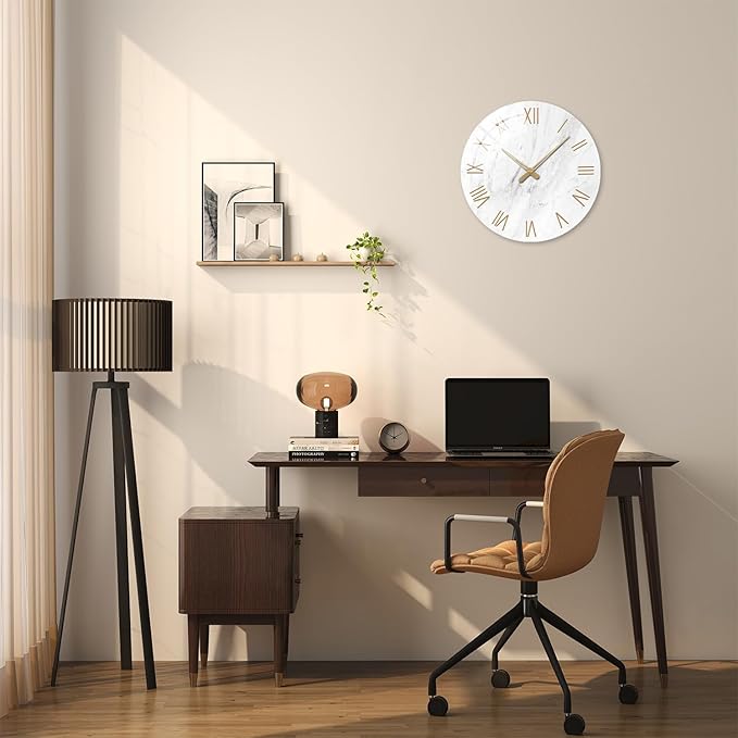 Round Marble Battery Wall Clock Modern 14 Inch White Minimalist Wall Clock for Kitchen Quartz Glass Slient Clock for Wall-Ruum Studio Home