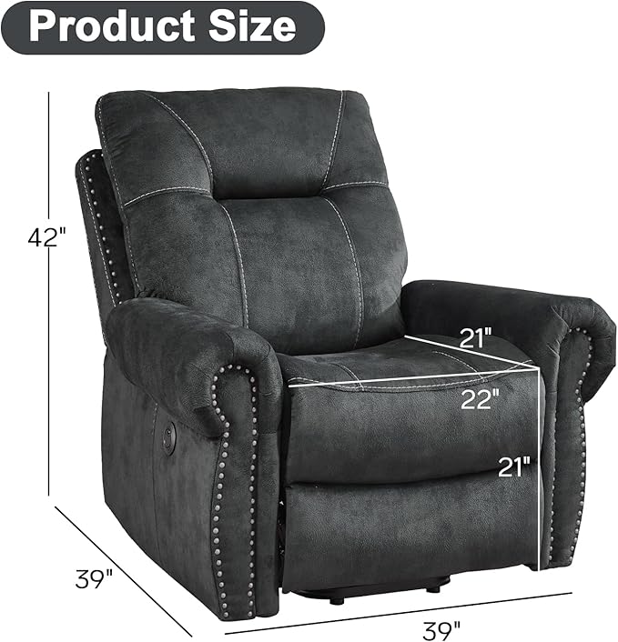 EBELLO Electric Power Recliner Chair with Massage and Heat, Soft Fabric Massage Recliner for Adults, Overstuffed Single Reclining Sofa, Vintage Rivet Mid-Century Design for Living Room, Grey-Ruum Studio Home