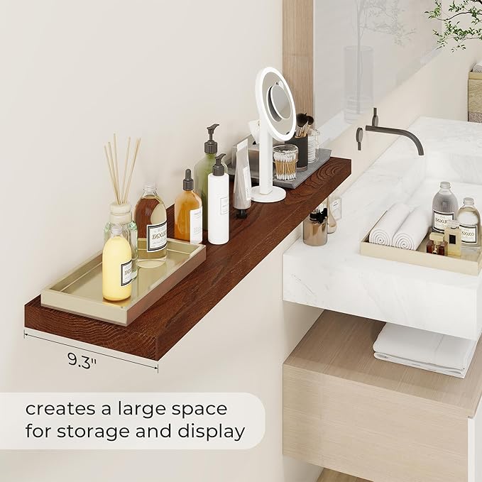Fun Memories Solid Oak Wood Floating Shelves, 9.3 Inch Deep Natural Wood Shelf with Invisible Heavy Duty Bracket for Bathroom Bedroom Kitchen - 36inch Set of 2, Walnut-Ruum Studio Home