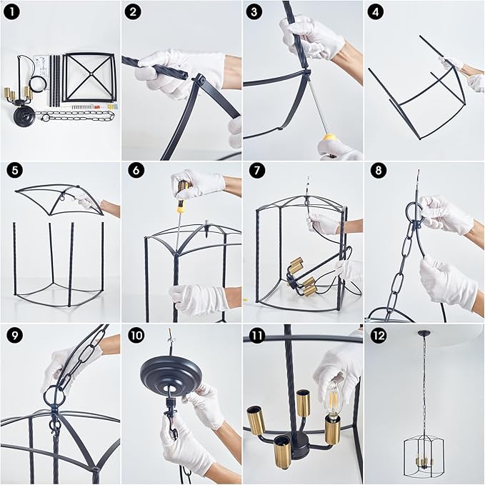 Farmhouse 4 Lights Pendant Light, Industrial Black Lantern Chandelier with E12 Gold Base Metal Cage Rustic Geometric Hanging Light Fixtures for Kitchen Island Foyer Entryway Dining Room-Ruum Studio Home