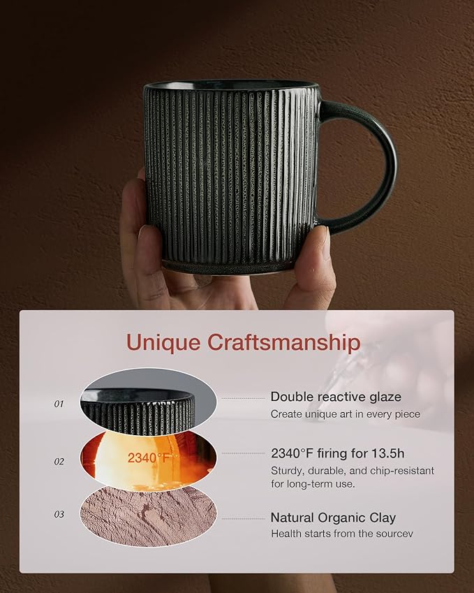 famiware Coffee Mug Set for 6, Star 12 oz Catering Mugs Cup Set with Handle for Coffee, Tea, Cocoa, Milk - Ceramic Stoneware Drinkware Set, Deep Forest-Ruum Studio Home