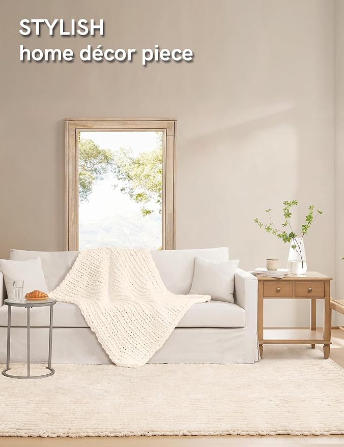 YnM Chunky Throw Blanket, Hand Knitted with Chenille Yarn, Skin Friendly, Ventilated and Breathable, Machine Washable, Home Décor Piece for Couch, Sofa and Bed (Butter Cream, 40x50 Inch)-Ruum Studio Home