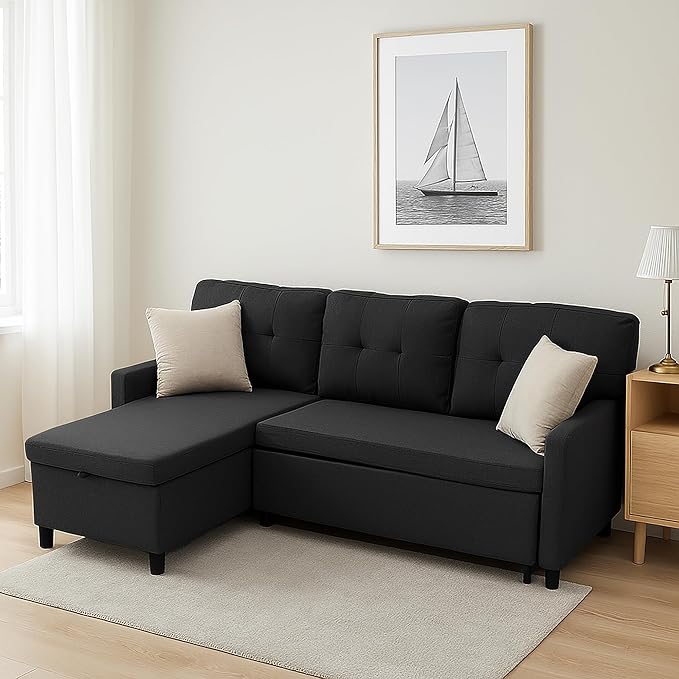 Pull Out Couch, Oversized Sleeper Sofa Couch, Sectional Sleeper Sofa Bed for Living Room Bedroom Lounge (Black, 73 Inch)-Ruum Studio Home