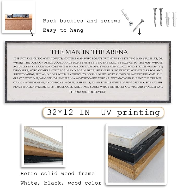 LuZhiQiang The Man in the Arena Wall Decor 32''x12'' Inspirational Quotes Office Wood Framed Sign Rustic Home Motivational Art For Man Entrepreneur Morden Living Room Wall Hanging Decor (Black)-Ruum Studio Home