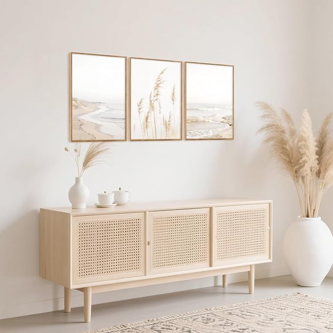 HPNIUB Modern Beach Artwork Seascape Wall Art, Seaside Framed Painting Reed Pathway Picture, Minimalist Neutral Coastal Landscape Wall Decor for Living Room,Bathroom -16'' x24'' x3-Ruum Studio Home