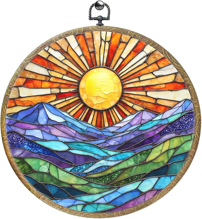 Colorful Mountain Sunset Bohemian Style Rainbow Sunrise Art Gift Framed Round Wall Decor Canvas Wall Art Hanging Prints Artwork for Home Nursery Bedroom Door Office Porch Decorations 10.2X10.2 Inch-Ruum Studio Home