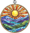 Colorful Mountain Sunset Bohemian Style Rainbow Sunrise Art Gift Framed Round Wall Decor Canvas Wall Art Hanging Prints Artwork for Home Nursery Bedroom Door Office Porch Decorations 10.2X10.2 Inch-Ruum Studio Home