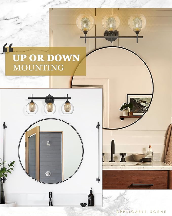Bathroom Light Fixtures, 3-Light Black and Gold Vanity Lights Over Mirror, Farmhouse Wall Sconce Lighting with Clear Glass and Honeycomb Metal Shade, AD-22001-3W-BK-Ruum Studio Home