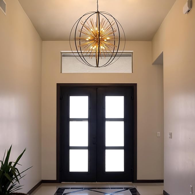 43.3" Black Gold 18-Light Globe Sputnik Chandelier Modern Adjustable Hanging Ceiling Firework Pendant Light Fixture for Entryway Foyer Stairway Kitchen Dining Living Room Hallway-Ruum Studio Home