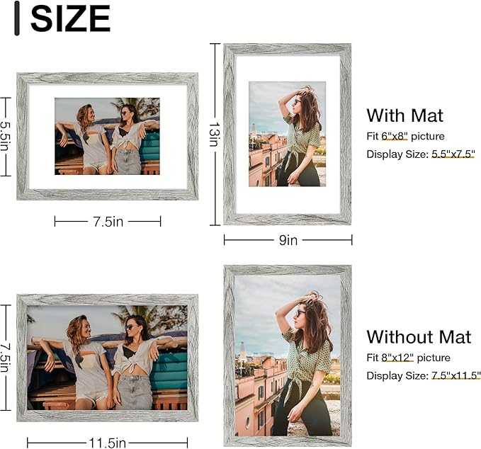 Vittanly 8x12 Picture Frames Set of 9, Shatter Resistant Plexiglass, Display 6x8 Pictures with Mat or 8x12 without Mat, Photo Frames for Wall or Tabletop, Engineered Wood, Grey-Ruum Studio Home