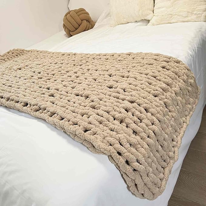 Chunky Knit Blanket Throw 48"x71", Chenille Throw Blankets, Handmade Warm & Cozy Blanket Couch Bed Home Decor, Soft Breathable Fleece Banket, Christmas for Couch Bed Sofa Best Gift (Tan)-Ruum Studio Home