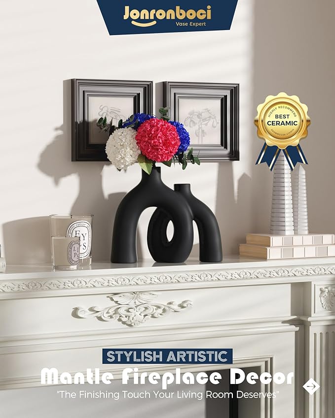 Matte Black Vase Set - Hug Hollow Donut Aesthetic Ceramic Vases Home Decor, Modern Nordic Minimalist Decorative Vase for Table Centerpiece Bookshelf Office Entryway Console Fireplace (Black)-Ruum Studio Home