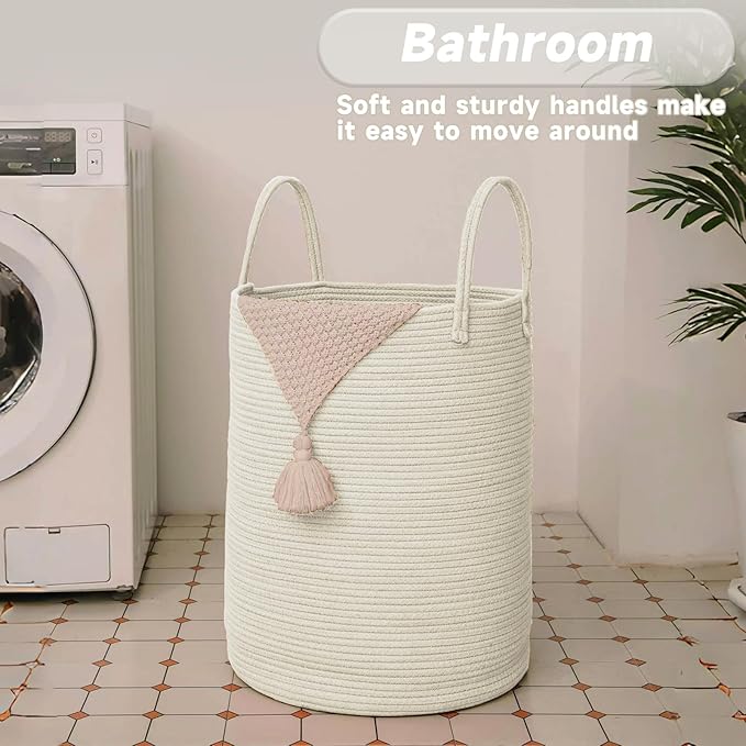 Large Woven Laundry Basket Hamper,80L Cotton Rope Storage Bin for Blankets,Toys and Clothes,Decorative Tall Nursery Hamper for Living Room,Baby Nursery,Bathroom and Bedroom,White-Ruum Studio Home