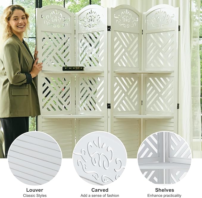 Room Divider with Shelves, 68.9inch Wood Carved and Louvered Wall Divider Freestanding, 4 Panels Folding Partition Screen for Bedroom Home Office (White)-Ruum Studio Home