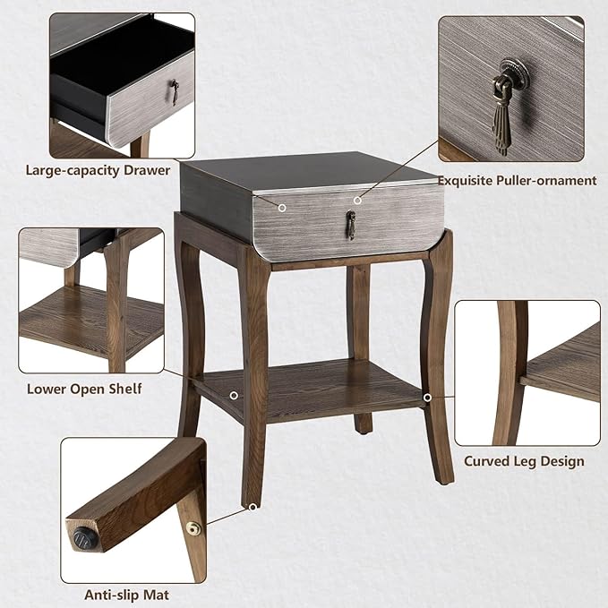 COSIEST Rustic Nightstand, 2-Tier Farmhouse Bedside Table, Wood Accent End Table with Storage Drawer and Open Display Shelf for Bedroom Nursery Living Room (Black & Silver)-Ruum Studio Home