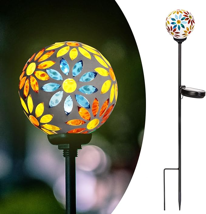 Afirst Solar Lights Outdoor Decorative - Solar Gazing Ball Mosaic Garden Stakes Flower Decorative Lights Waterproof for Pathway Yard Lawn Decoration Yellow-Ruum Studio Home