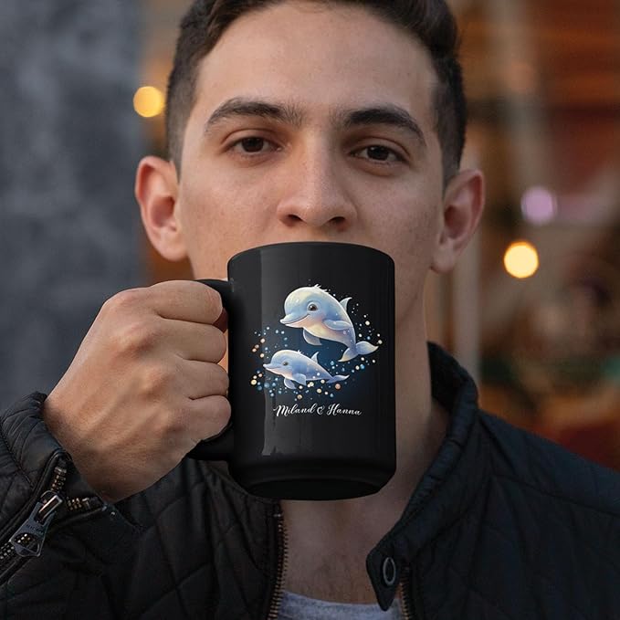 Custom Name Xmas Animal Cup, Cute Dolphins Swimming Design Mug 11oz 15oz, Customized Christmas Dolphins Black Cup, Personalized Animal Lover Coffee Mug, Gift For Newlyweds, Close Friend-Ruum Studio Home