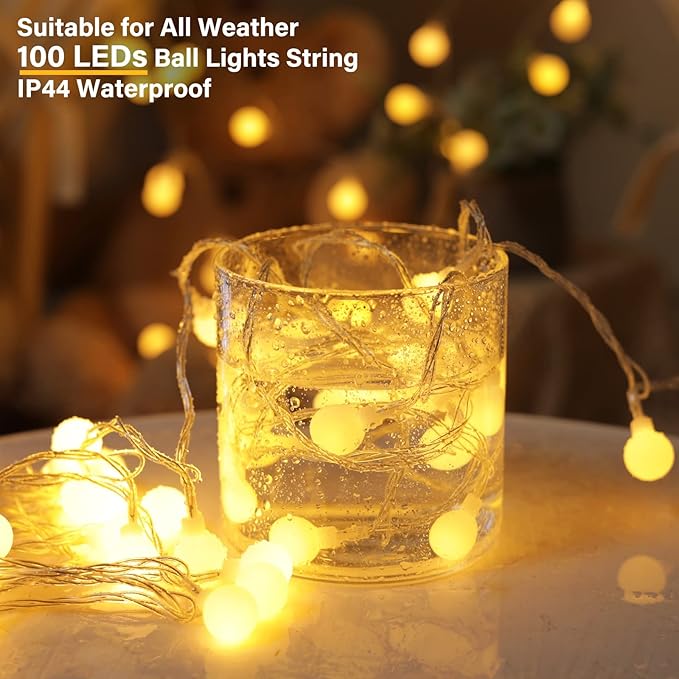 33Feet 100 LEDs Globe String Lights, 8 Modes USB Ball String Lights with Remote for Indoor/Outdoor Commercial Decor, Gardens, Patio, Wedding, Party, Bedrooms, Christmas Decorations, Warm White-Ruum Studio Home