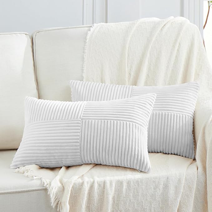 Fancy Homi 2 Packs White Lumbar Decorative Throw Pillow Covers 12x20 Inch for Living Room Couch Bed Sofa, Rustic Farmhouse Boho Home Decor, Soft Striped Corduroy Rectangle Accent Cushion Case 30x50 cm-Ruum Studio Home