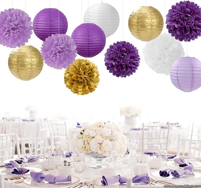 Purple White-Gold Party-Decorations Paper Flowers Lanterns - 15PCS Graduation Lavender Tissue Pom Poms Streamers,Wedding Birthday Bachelorette Baby Shower Classroom Hanging Supplies Decor Hugfond-Ruum Studio Home