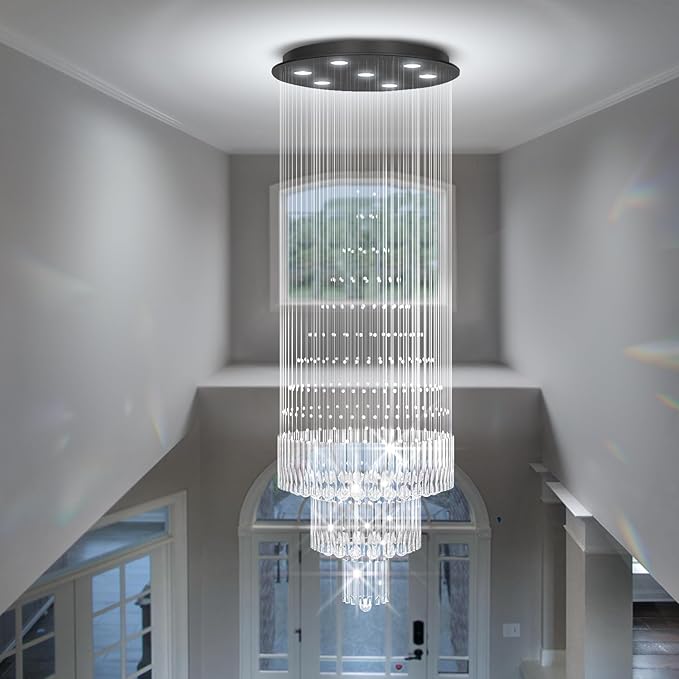 Flashing God D24''XH86'' Modern Foyer Chandelier for High Ceiling Raindrop Crystal Chandelier High Ceiling Pendant Light Fixture for Hallway Living Room (Black Staircase Chandeliers)-Ruum Studio Home
