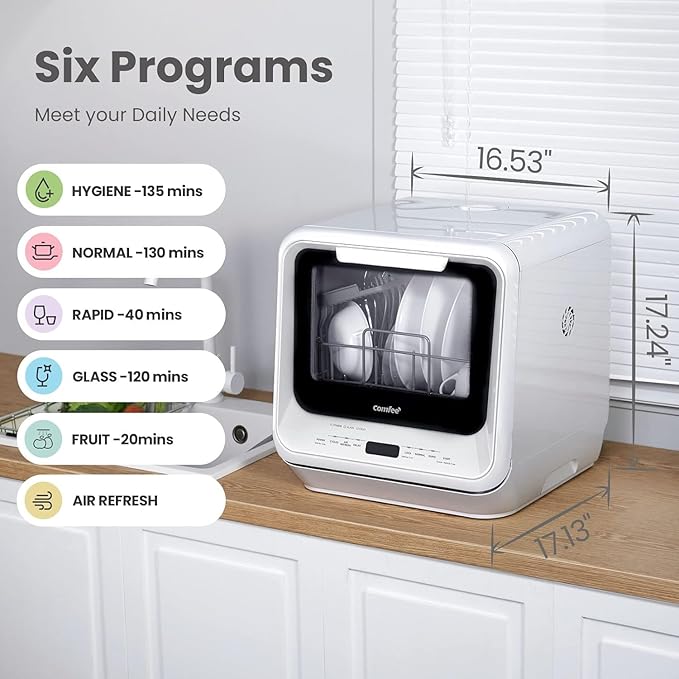 COMFEE' Portable Dishwasher Countertop with 5L Built-in Water Tank, No Hookup Needed, 6 Programs, 360° Dual Spray, 192℉ High-Temp& Air-Dry Function, Mini Dishwasher for RVs, White-Ruum Studio Home