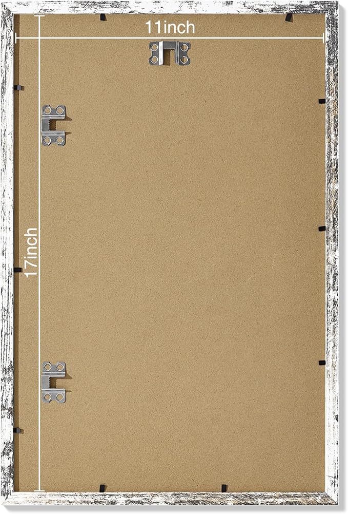 Vittanly 11x17 Picture Frames Set of 9, Shatter Resistant Plexiglass, Display 8x12 Pictures with Mat or 11x17 without Mat, Photo Frames for Wall Mount, Engineered Wood, Distressed White-Ruum Studio Home