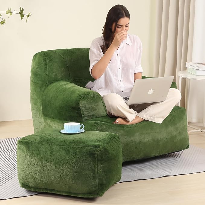 Comfy Gaint Bean Bag Chair with Ottoman, Huge Bean Bag Armchair for Adults and Teens, Green-Ruum Studio Home