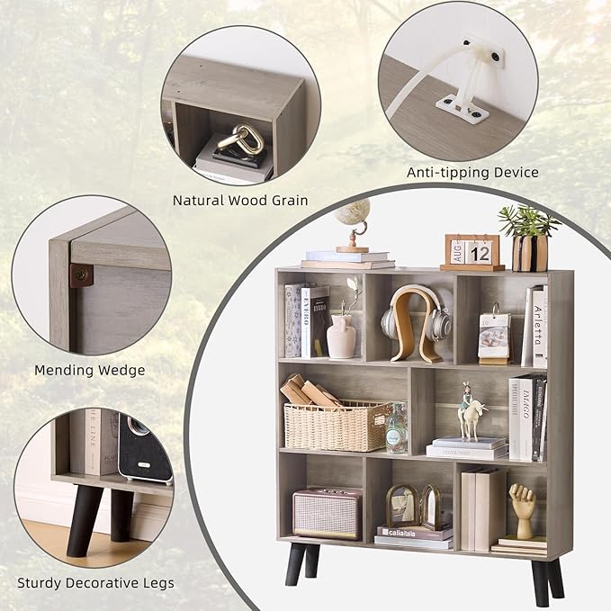 LEYAOYAO 8 Cube Bookshelf,3 Tier Bookcase with Legs,Modern Grey Mid-Century Bookshelves,Large Farmhouse Open Storage Organizer Shelf, Retro Wooden Display Book Case for Bedroom,Living Room,Office-Ruum Studio Home