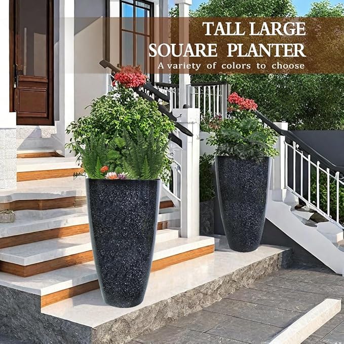 2 Pcs Pack 21 Inches Plastic Resin Tall Tapered Planter Pots Large Round Planter Flower Pot with Drainage Holes for Indoor Outdoor Deck Porch Garden Home Patio Front Door (Black, L)-Ruum Studio Home
