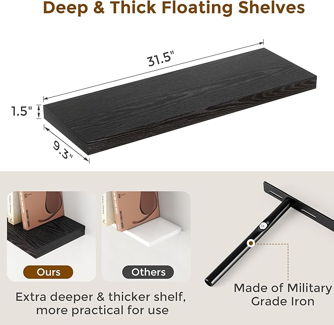 Fun Memories Black Floating Shelves 32 Inch Long, 9 Inch Deep Floating Bookshelf Wall Mounted, Farmhouse Wood Shelves White for Bathroom, Living Room, Bedroom, Home Decor Deep Shelf for Wall Set of 2-Ruum Studio Home