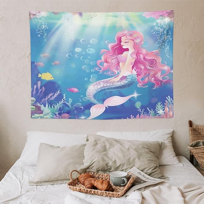 HZOHNAGO Mermaid Girls Tapestry Watercolor Mermaid Princess Pink Hair Pattern for Kids Room Decoration Printed Wall Tapestry Wall Hanging for Bedroom Living Room Dorm 40" W x 30" H-Ruum Studio Home