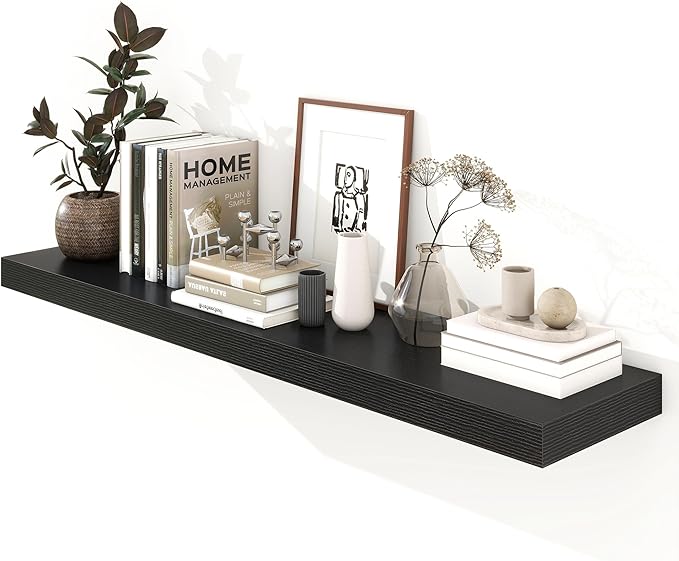 Black Floating Shelves for Wall - 55 Inch Wide x 12 Inch Deep Wall Shelves Set of 1 - Rustic Black Wood Shelves for Living Room, Bathroom, Laundry Room, Bedroom, Kitchen, Home Office-Ruum Studio Home