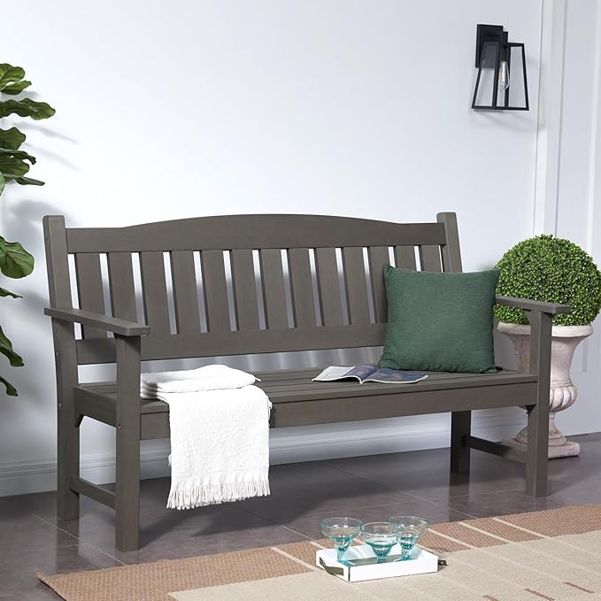 Psilvam 3-Person Outdoor Memorial Bench, All-Weather Poly Lumber Garden Bench, Rot-Resistant Outdoor Patio Bench for Park,Porch,and Church(Grey)-Ruum Studio Home