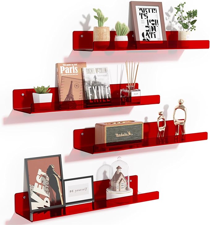 upsimples Acrylic Shelves for Wall Decor, 15" Display Shelf Perfume Organizer for Bathroom, Bedroom, Living Room, Floating Bookshelves for Kids, Clear Red, 4 Pack-Ruum Studio Home