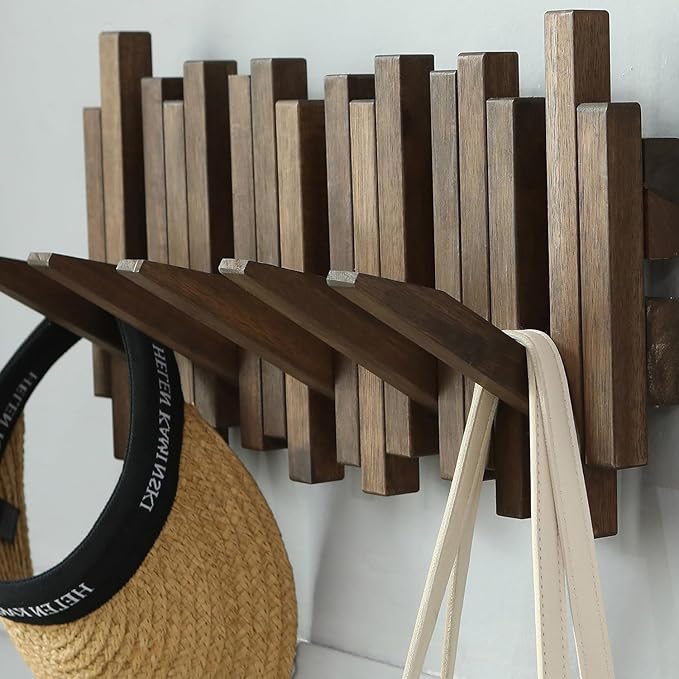 Wall Mounted Piano Coat Rack| Coat Rack Wall Mount| Flip Down Hook Rack 5 Hooks| Entryway Wall Art Hook,Made of Acacia Wood (Wood Wax Oil Dyed Walnut Color).Wall Art-Ruum Studio Home