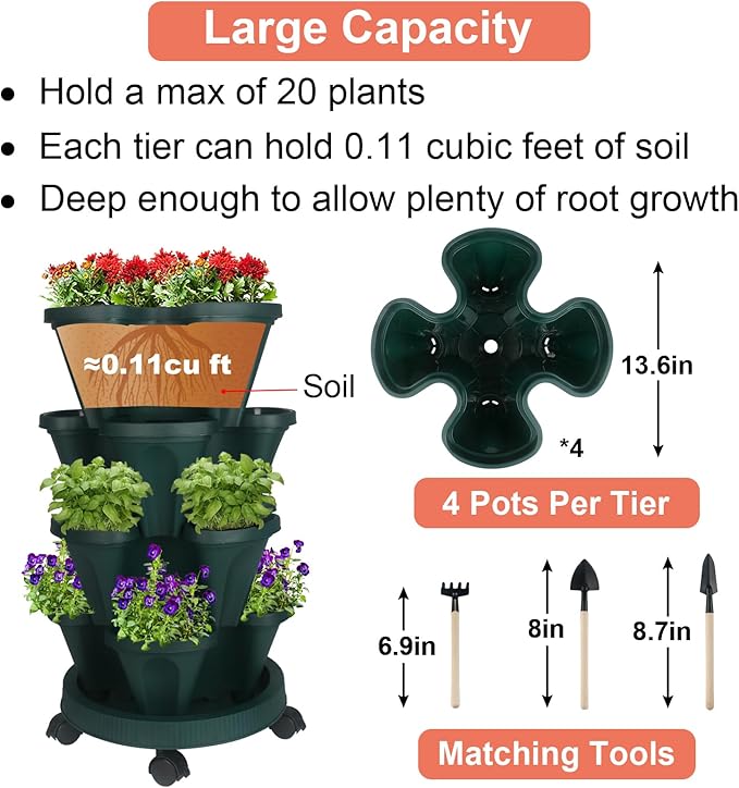 Vertical Planter 4 Tier Stackable Planters Garden Planters Strawberry Herb Flower and Vegetable Planter Indoor Outdoor Gardening Pots with Removable Wheels and Tools-Ruum Studio Home