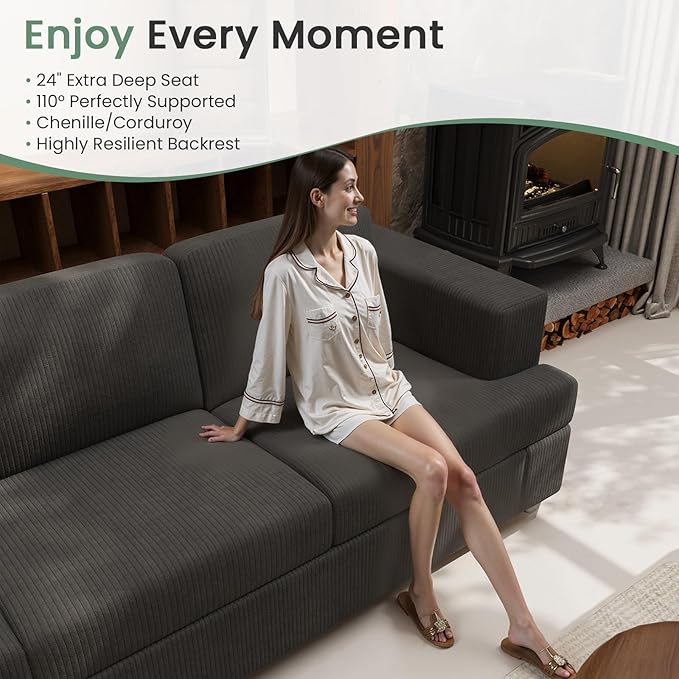 3 Seater Corduroy Couch for Living Room, 89” Black Cloud Sofa, Deep Seat Floor Couch for Bedroom, Futon Modern Sofa Sectional Bed, Black Corduroy-Ruum Studio Home