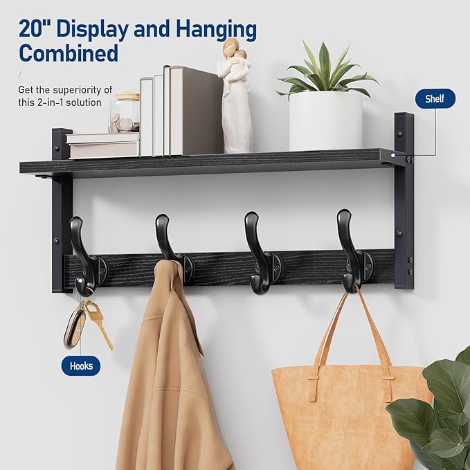 Tatub 20" Rustic Coat Rack Wall Mount with Shelf, Wall Hooks with Shelf, Heavy Duty Entryway Organizer Hangers for Hanging, Hat, Bag, Jacket for Bathroom, Living Room, Bedroom, Black-Ruum Studio Home