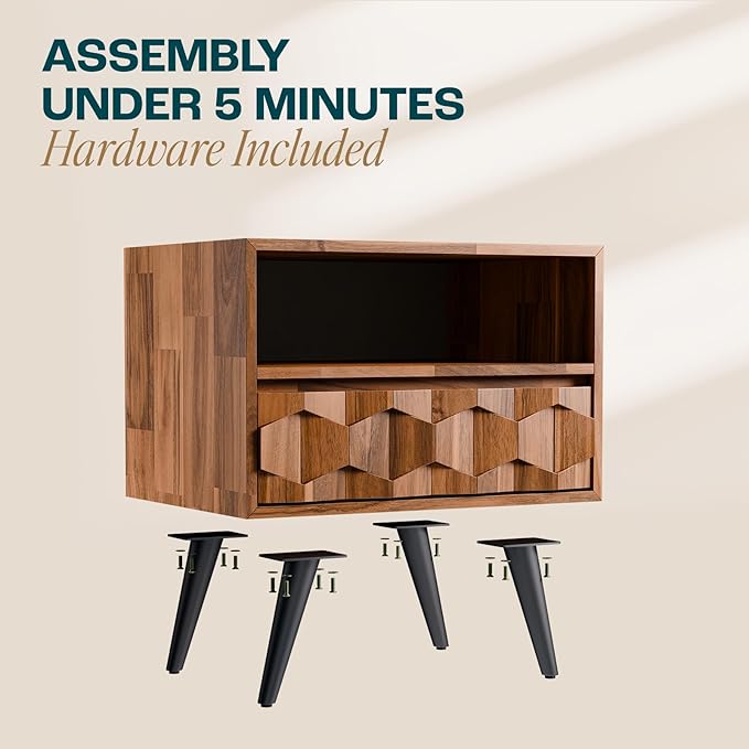 Bme Georgina Solid Wood Nightstand with 1 Drawer & Open Shelf- Fully Assembled Mid Century Modern Side Table - Geometric Pattern Bedside Dresser for Bedroom and Living Room, Dark Chocolate-Ruum Studio Home