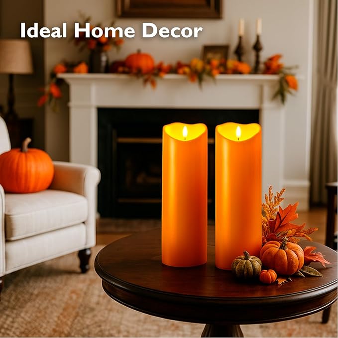 Homemory 4"x12" Halloween Orange Flameless Candles, Fall Candles, Outdoor Waterproof Flameless Candles with Remote and Timers, Battery Operated LED Pillar Candles, Won't Melt Plastic, Set of 2-Ruum Studio Home