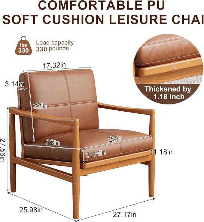 Mid Century Modern Accent Chair Set of 2, Leather Accent Chair, Relaxing Armchair with Solid Wood Frame & Soft Cushion, Reading Leisure Chairs for Living Room-Ruum Studio Home